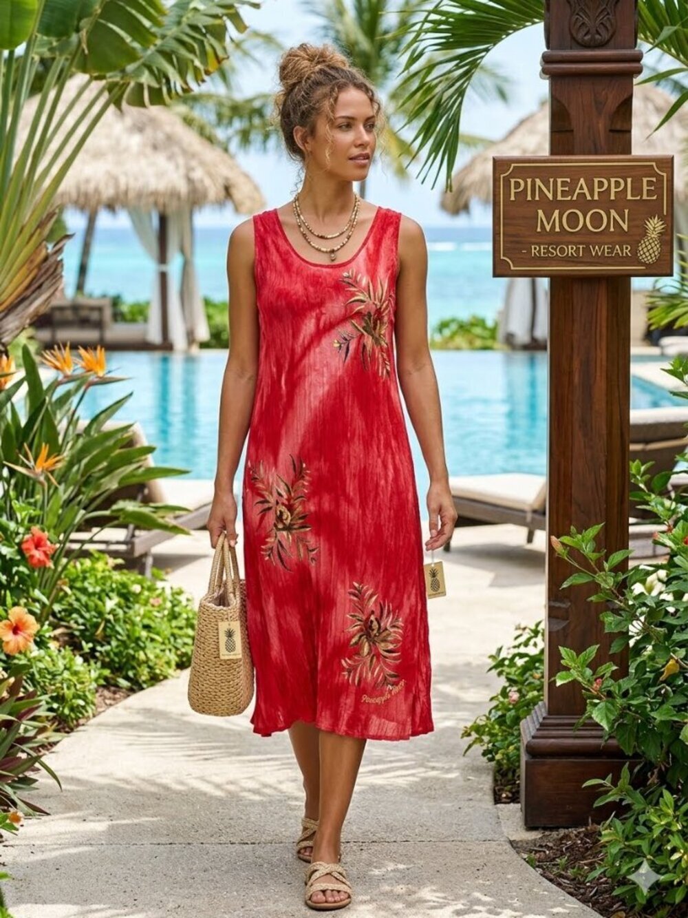 Pineapple Moon Women Size Small Pink Floral Tropical Print Sleeveless Sundress